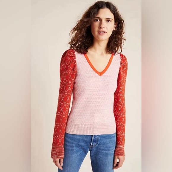 Anthropologie Cherie Puff Sleeve Sweater Medium Red pink cozy v-neck soft boho - Picture 4 of 14